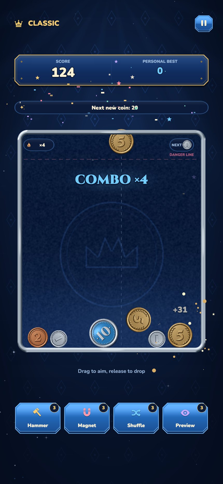CrownMint Merge gameplay, showing the coin board and its controls