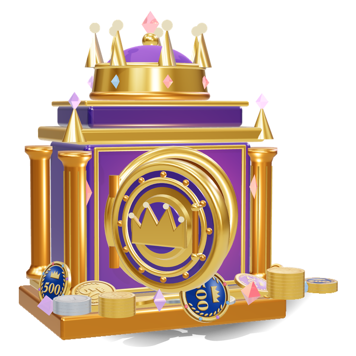 The Crown Vault, a purple and gold vault crowned with jewels and surrounded by coins